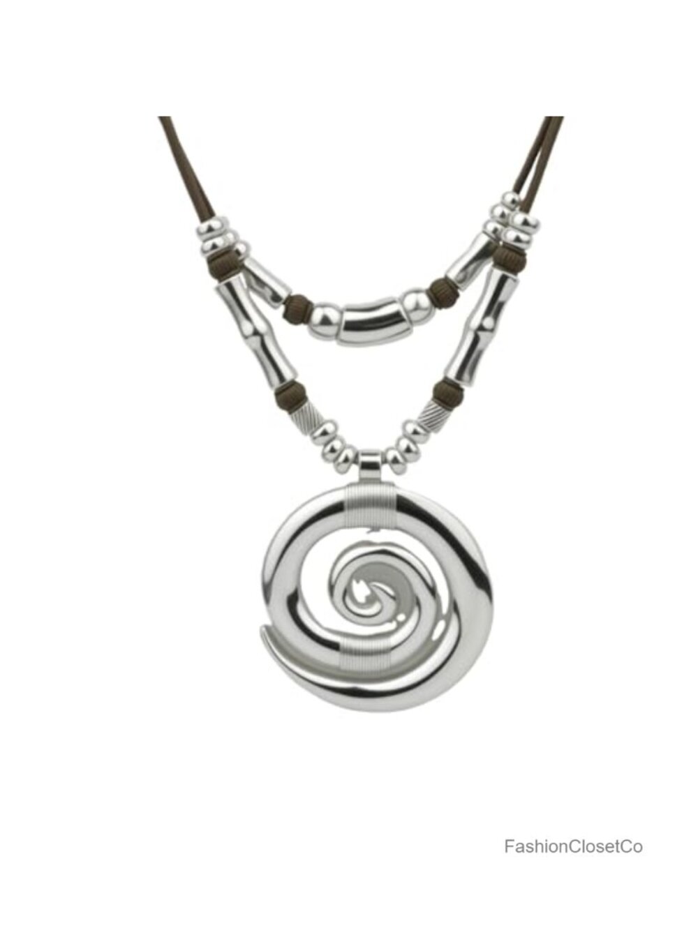 Vintage Bohemian Spiral Pendant Necklace, Silver Metal, Brown Cord, 24 Inch